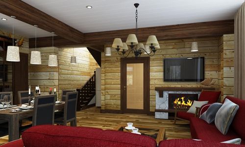 Гостиная в стиле шале: интерьер, фото кухни, дизайн с камином
