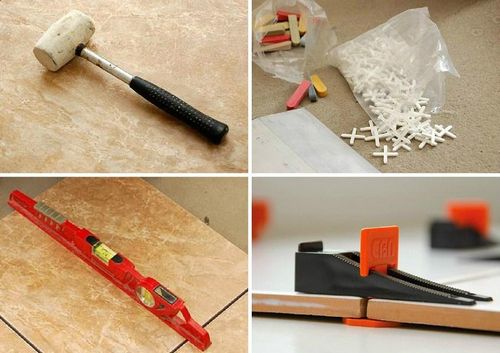 Инструмент для укладки плитки: приспособление для пола, керамическая вместо крестиков, уровень и шпатель, ведро